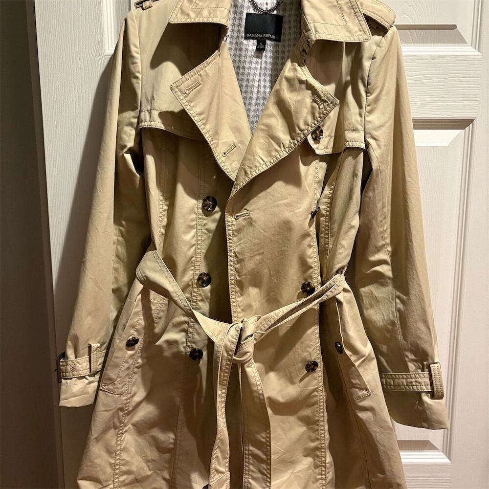 Banana Republic Women's S Beige Trench Coat Double-Breasted Leather Belted